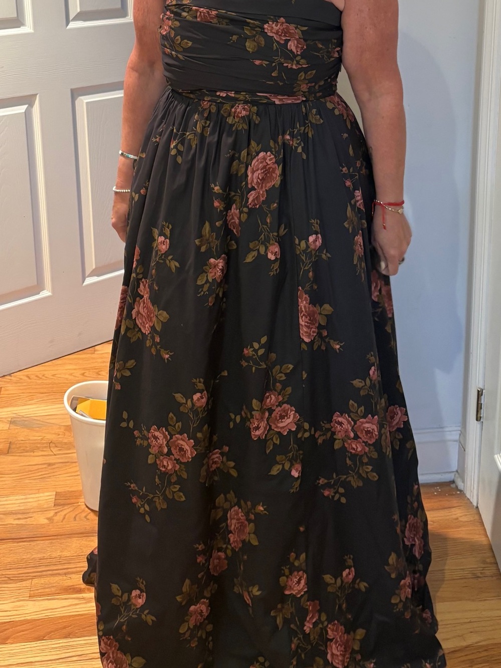Reformation Black Strapless Floral Maxi Dress with Pink Rose Print